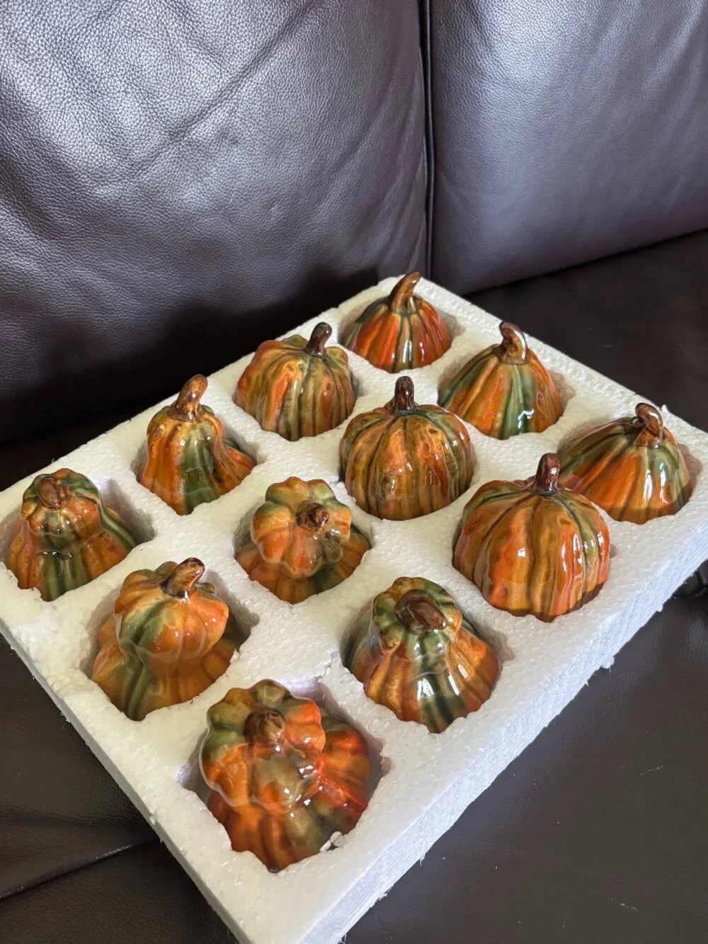 Set of 12 Mini Ceramic Gourds & Pumpkins | Orange & Green Fall Decor
